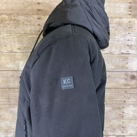 Kenneth Cole Mens Hooded‎ Puffer Jacket Black Double Zip Bib Bomber Coat KC NEW